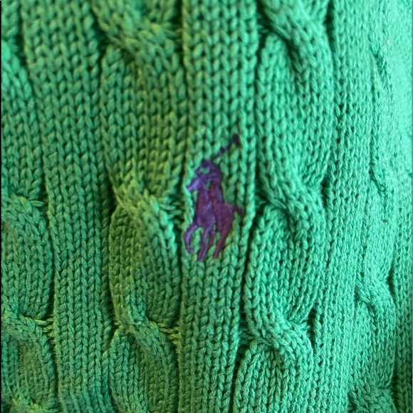 RALPH LAUREN Classic Green Cable Knit V-Neck Sweater Purple Polo Pony Sz XL NEW! - Picture 8 of 12